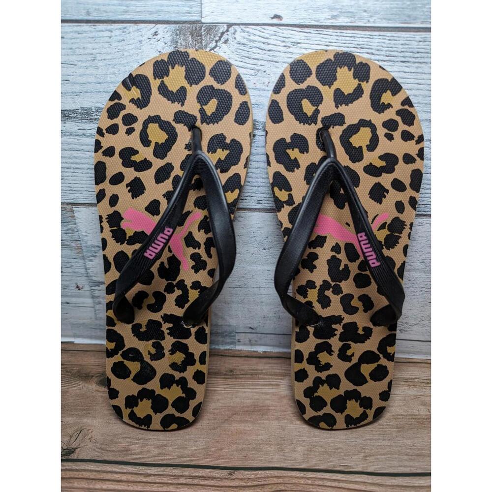 Puma Leopard Cheetah Animal Print Flip Flops Black Pink Tried On. Women's Size 6
